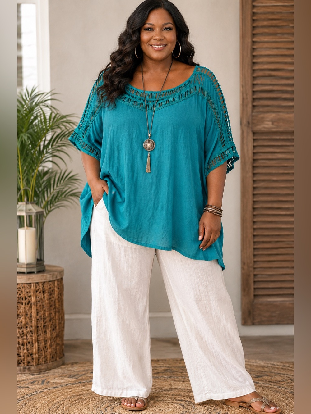 Roaman’s Size 30/32 Teal Ladder Trim Blouse | Cold Shoulder Boho Plus Size Top